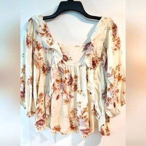 Melograno Rico Ruffle blouse Beige and brown,orange..multicolor Size M .